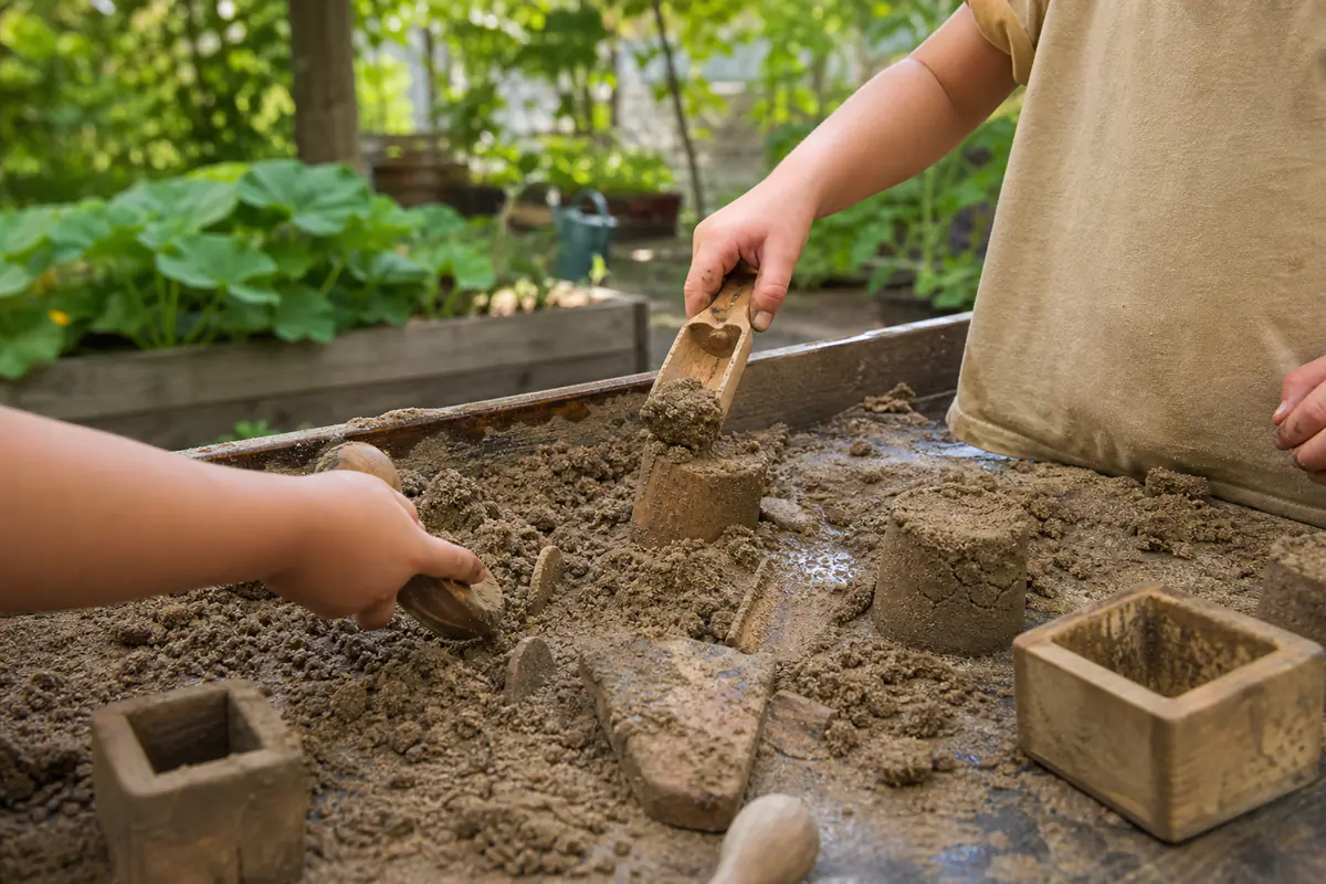 Deux enfants façonnent du sable humide avec des cuillères et des moules sur une table de jardin ombragée.