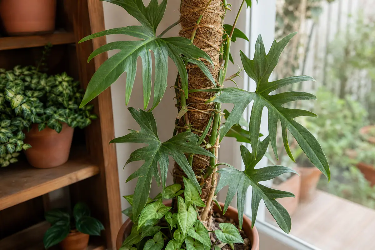 Syngonium avec des feuilles simples en flèche et des feuilles adultes découpées sur la même tige grimpante