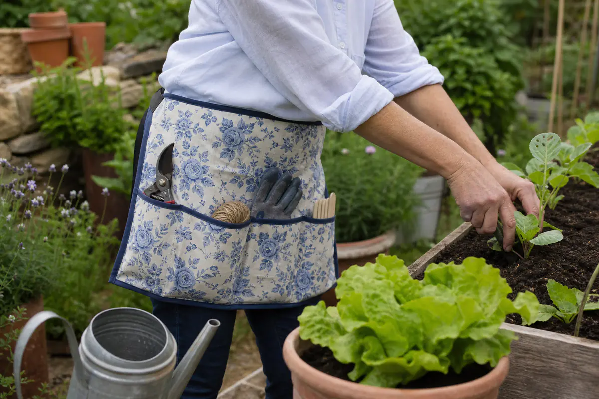 Tablier ceinture floral à quatre poches porté au potager avec petits outils de jardinage rangés