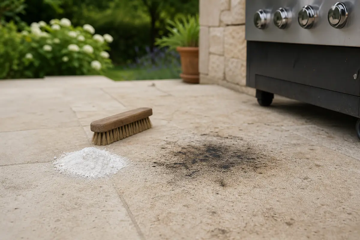 Dalle de terrasse française avec une tache de graisse sombre près d'un barbecue, brosse et poudre absorbante posées à proximité