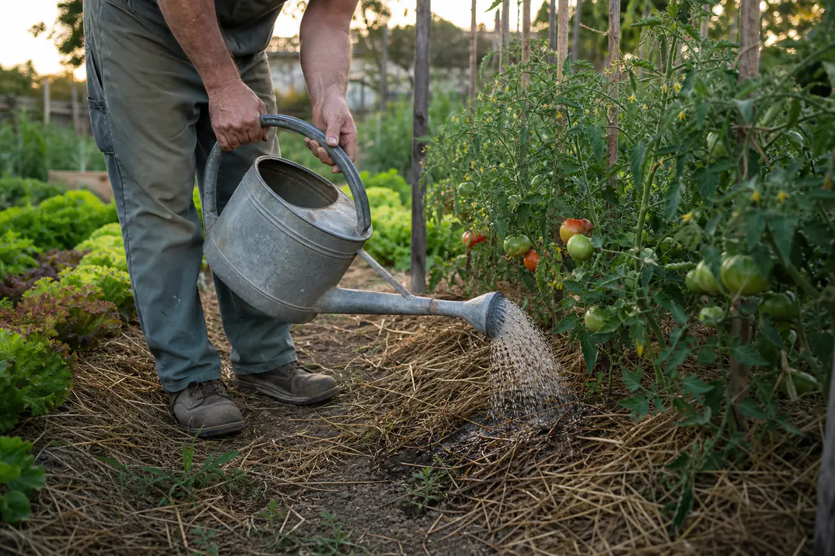 Jardinière arrosant au pied des tomates au crépuscule dans un potager français paillé et verdoyant.