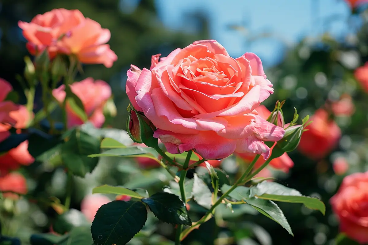 Jardinier taillant un rosier buisson au sécateur au-dessus d’un bourgeon, dans un jardin français de fin d’hiver