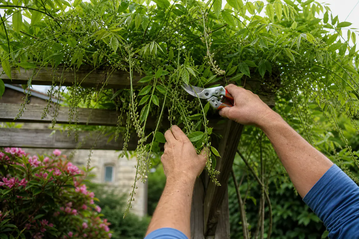 Jardinier taillant une glycine vigoureuse sur une pergola en bois dans un jardin français en été