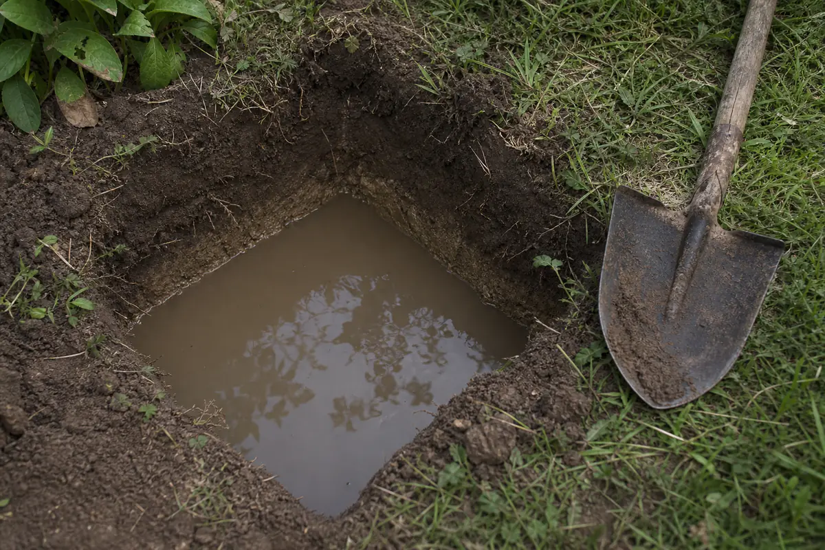Trou creusé dans un sol de jardin français, rempli d'eau pour un test de drainage, pelle posée à proximité