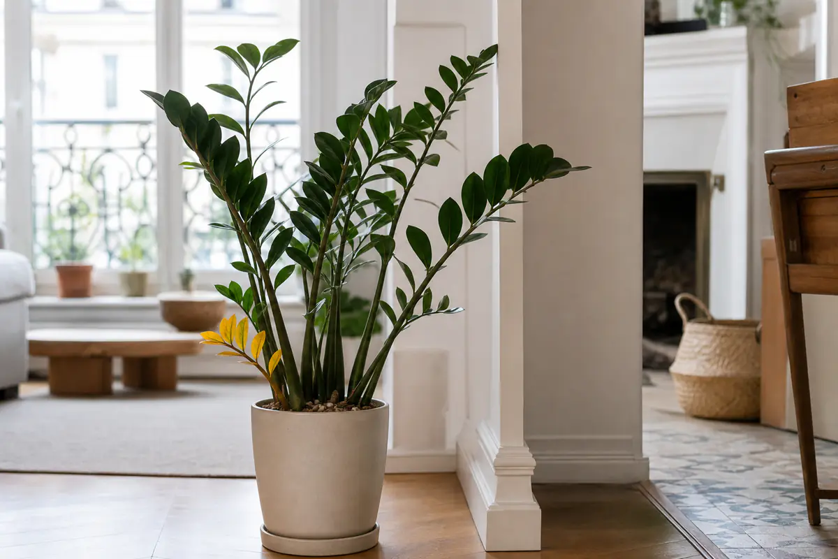 Zamioculcas aux feuilles brillantes dans un intérieur français, une tige jaunissant visiblement à sa base