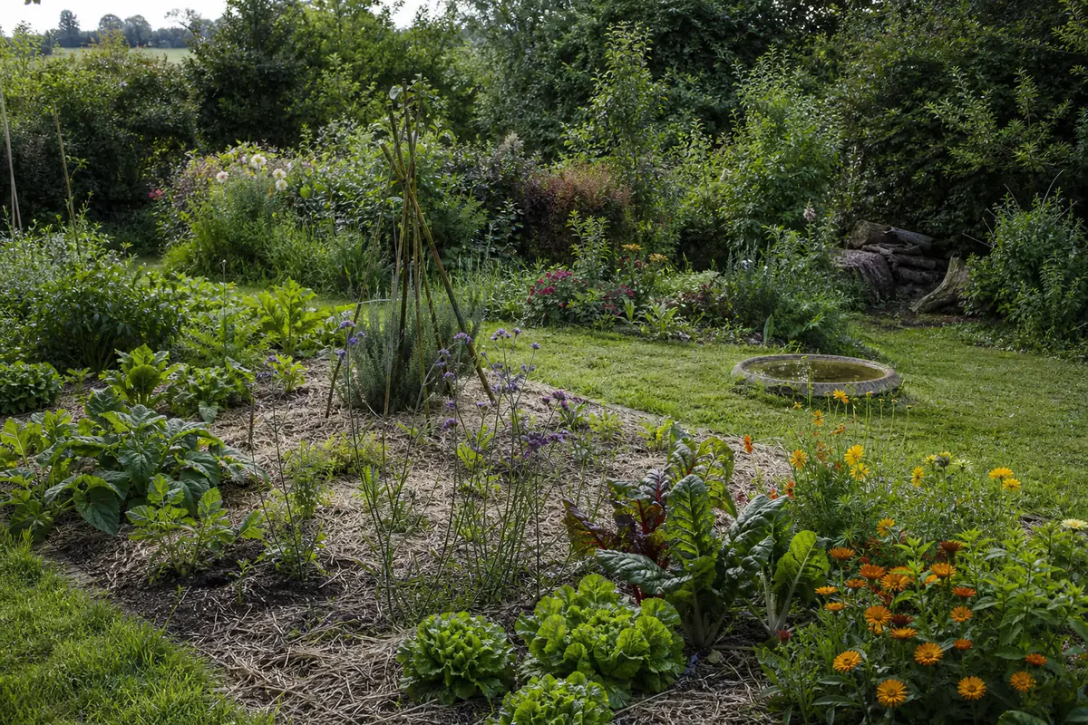 Potager français vivant avec fleurs, paillage, haie libre et petite coupelle d’eau pour la faune