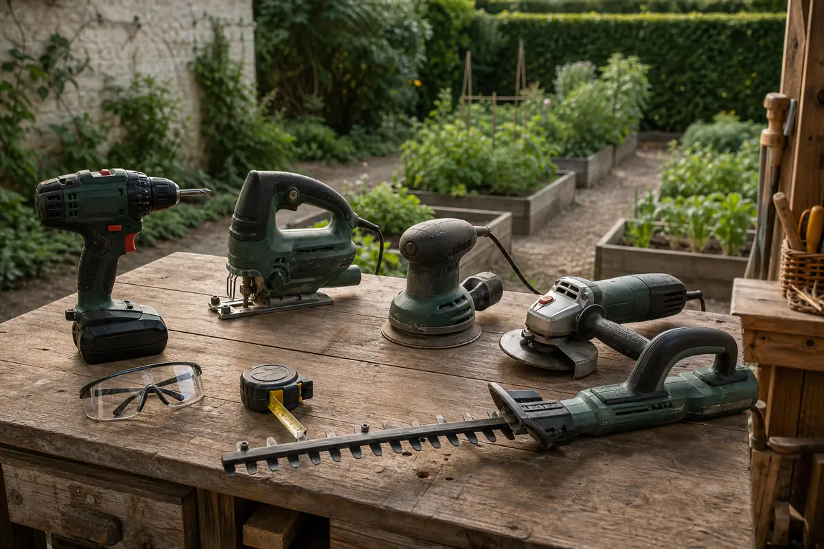 Perceuse, scie sauteuse et taille-haie rangés sur un établi dans un jardin français lumineux