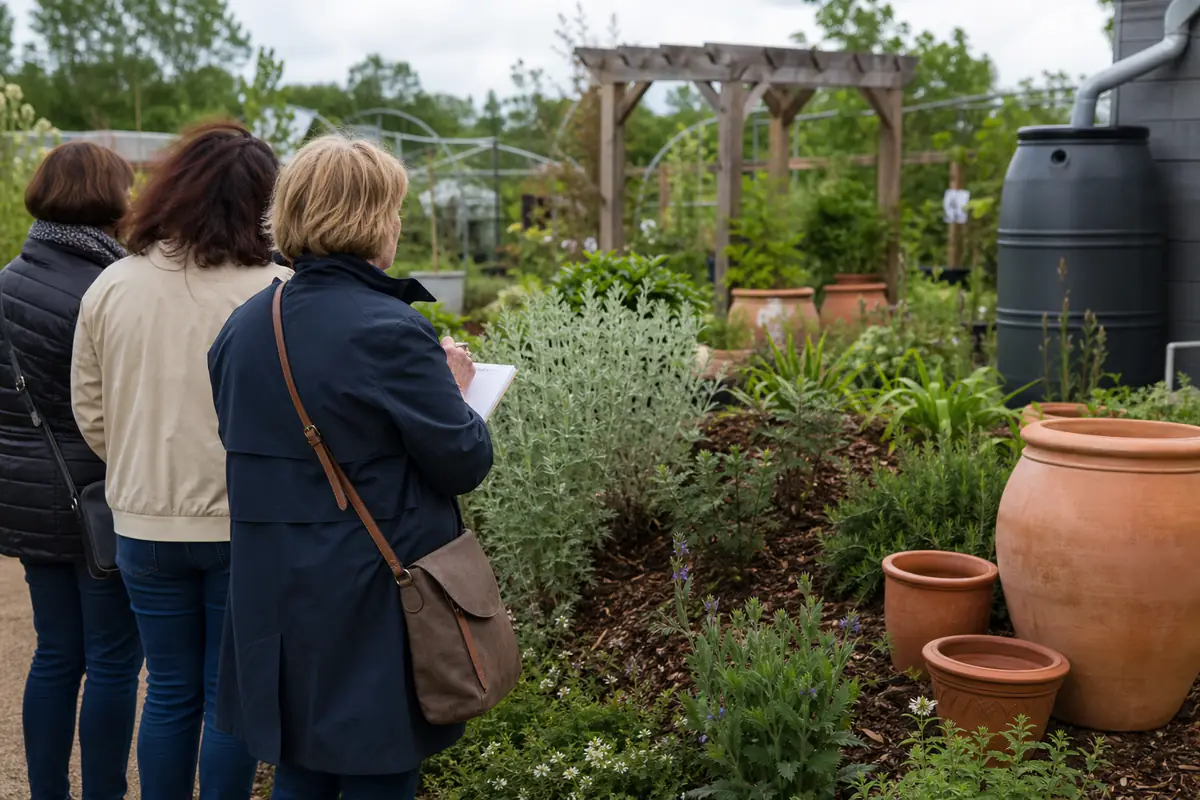 Visiteurs observant des plantations durables et paillées dans une jardinerie lumineuse aux allées végétalisées