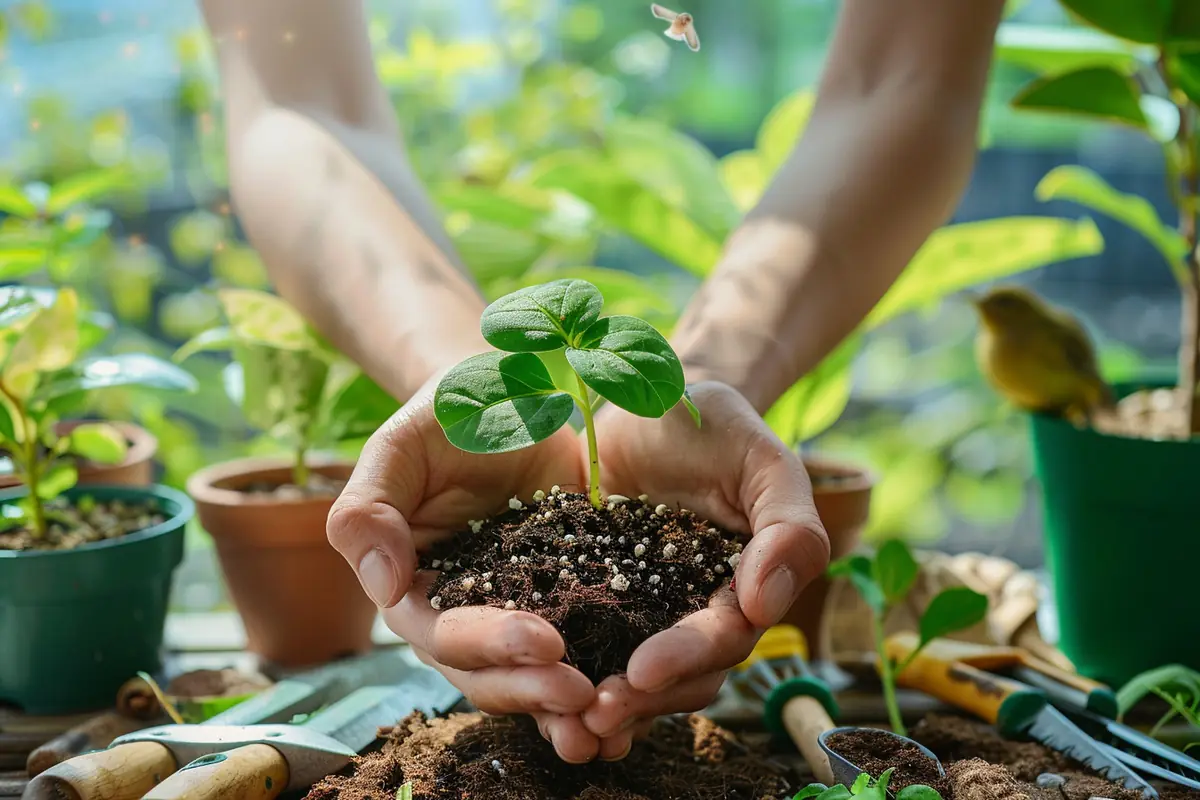 Jeunes plants de tomate et de laitue repiqués à la main dans un potager, avec arrosoir et paillage léger
