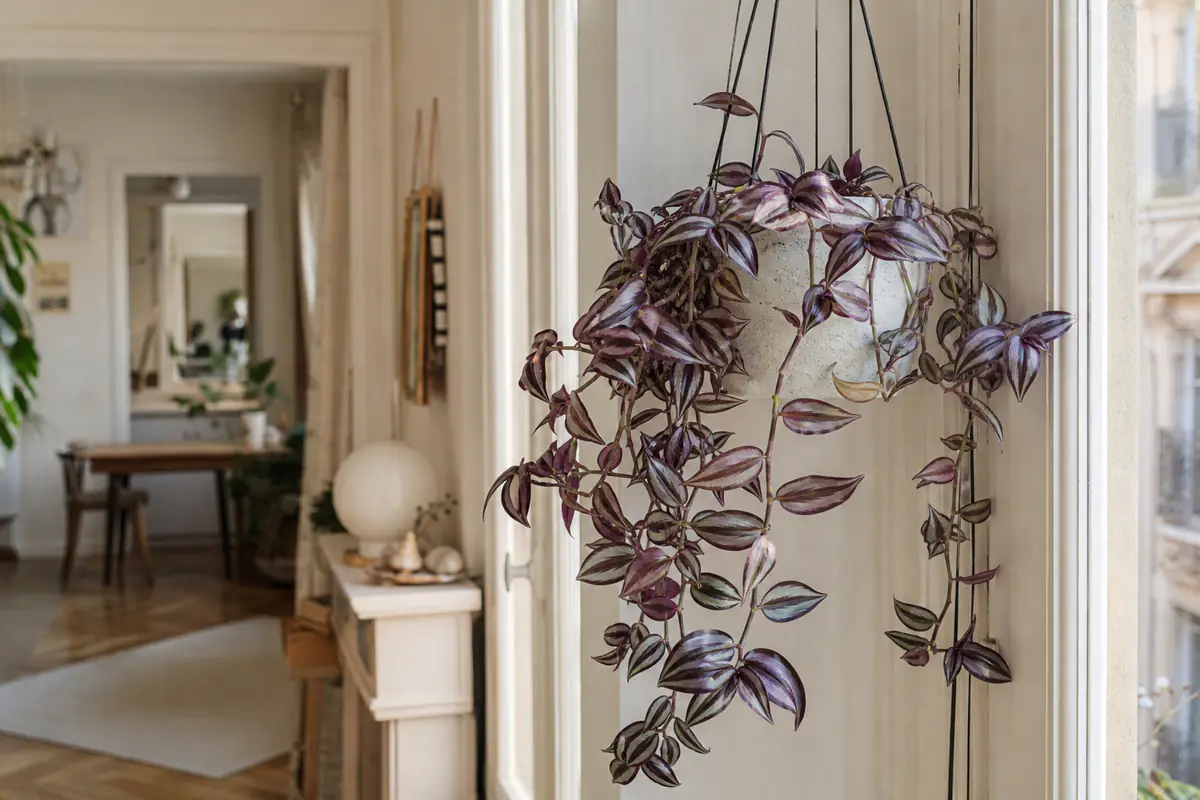 Tradescantia aux tiges rayées de pourpre et d'argenté retombant d'un pot suspendu dans un intérieur français