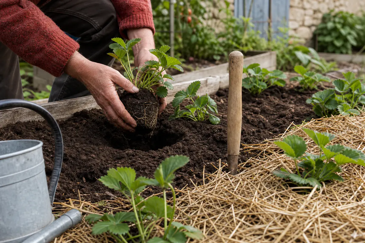 Jardinier transplantant de jeunes fraisiers dans une planche paillée et ensoleillée d’un potager français