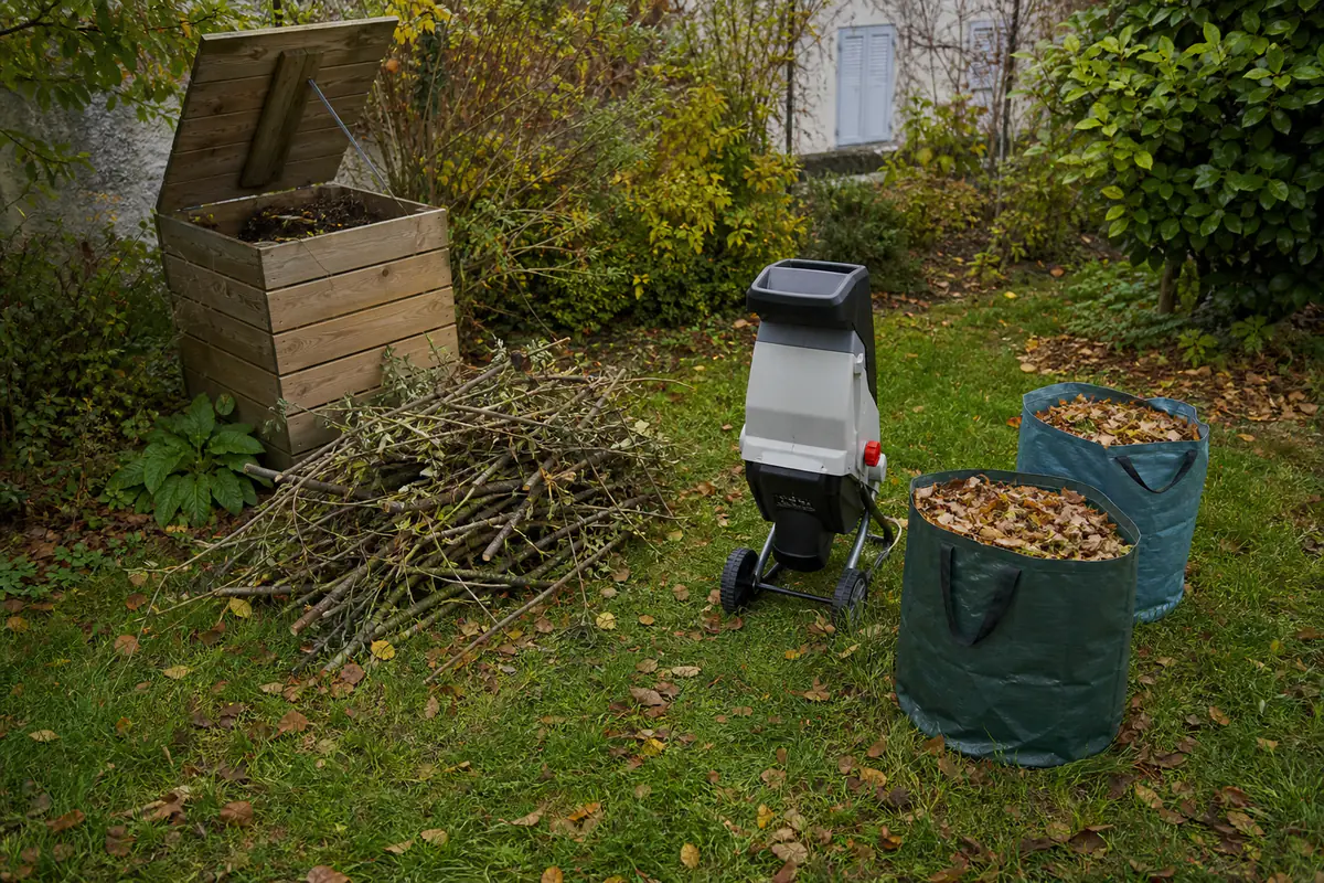 Tas de branches et de feuilles près d’un composteur, avec un broyeur électrique dans un jardin français.