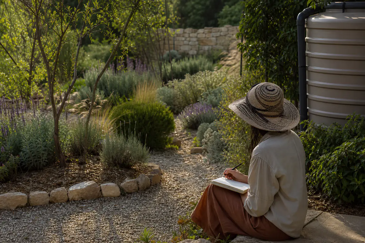Voyageuse prenant des notes devant un jardin méditerranéen planté de vivaces sobres et paillé naturellement