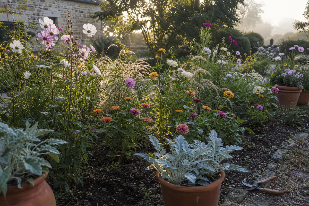 Massif fleuri français composé en couches de couleurs, graminées et fleurs à couper dans une lumière douce