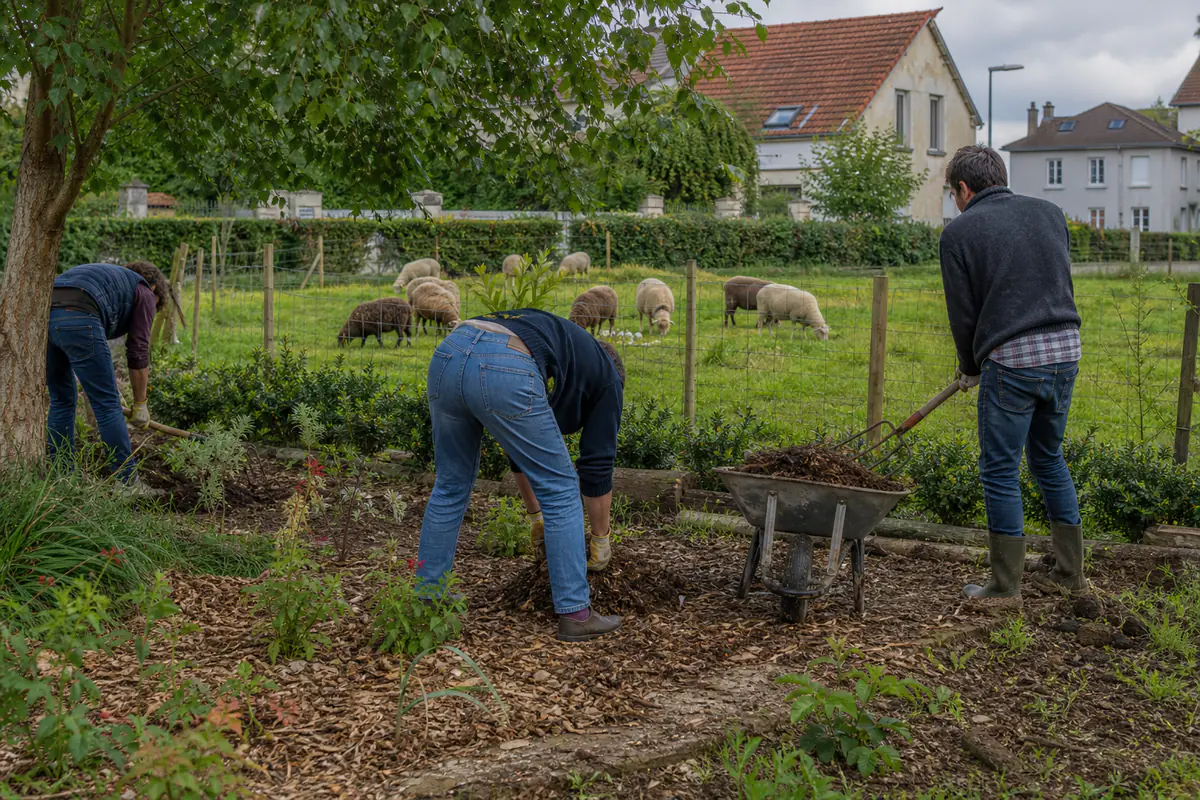 Moutons dans un enclos herbeux près d’habitants qui paillent des plantations lors d’un jardinage collectif