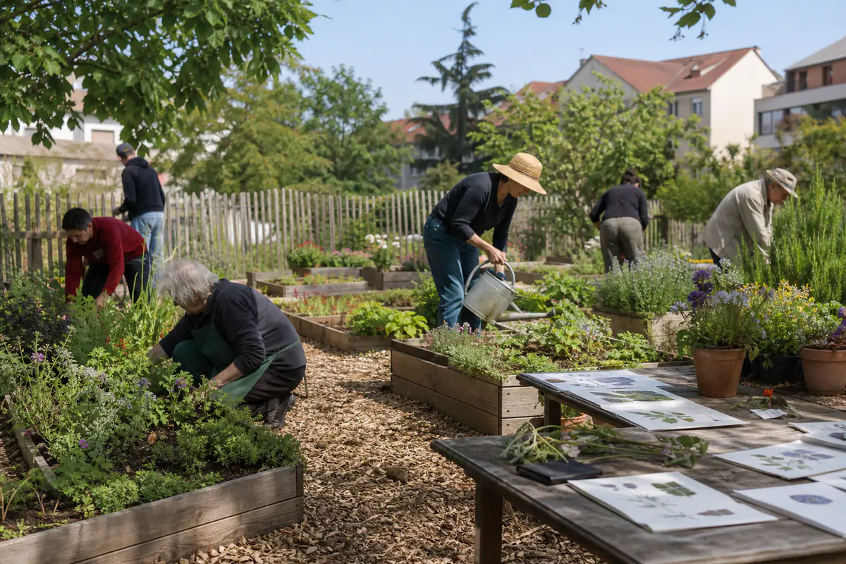 Participants de tous âges plantant des aromatiques et paillant des bacs lors d’une journée de jardin solidaire.