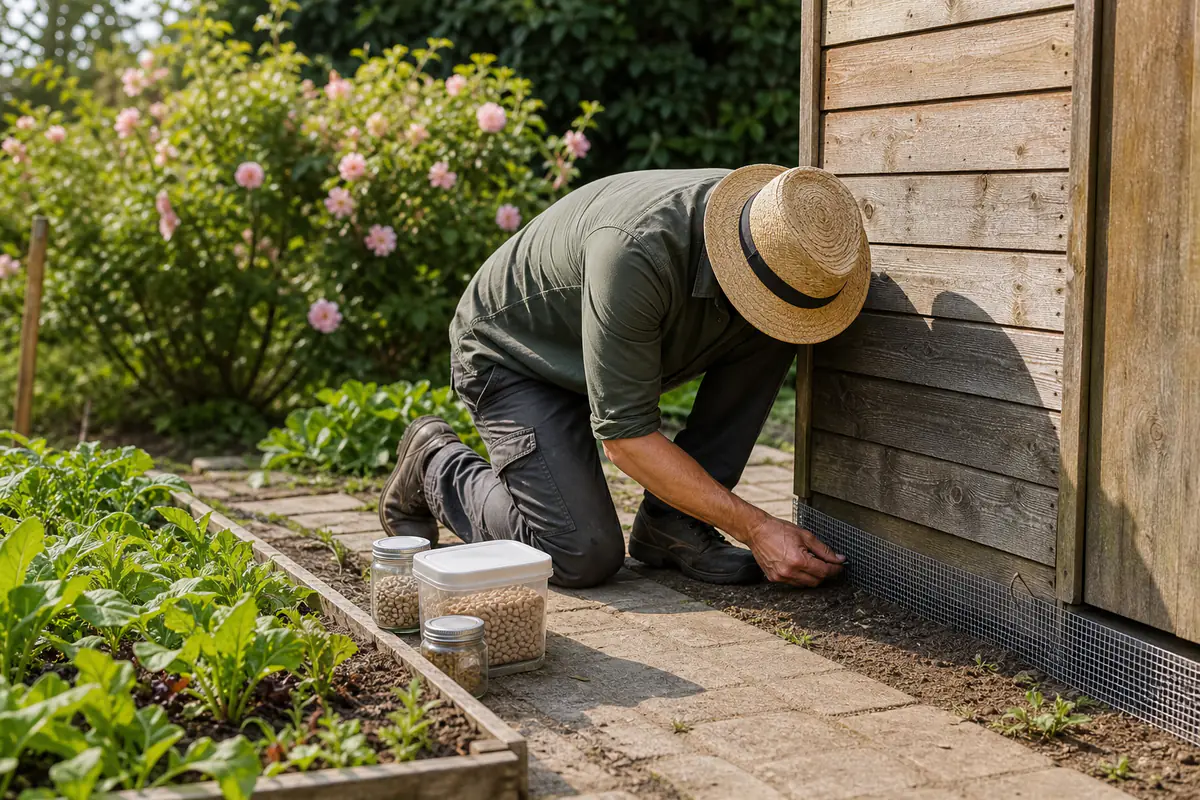 Jardinier installant une grille fine au bas d’un abri de jardin pour empêcher l’entrée de rongeurs sans piège à glu