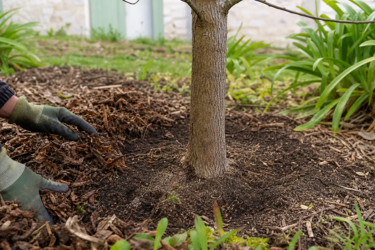 Collet d’un jeune arbre dégagé dans un massif, entouré d’un paillage de feuilles sans contact avec le tronc