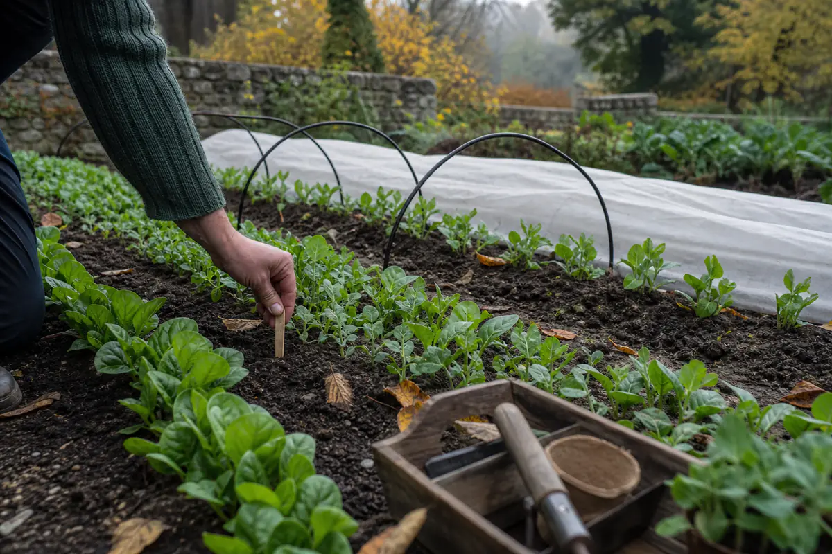 Jeunes rangs de fèves, pois et épinards semés en octobre dans un potager français à la lumière d’automne