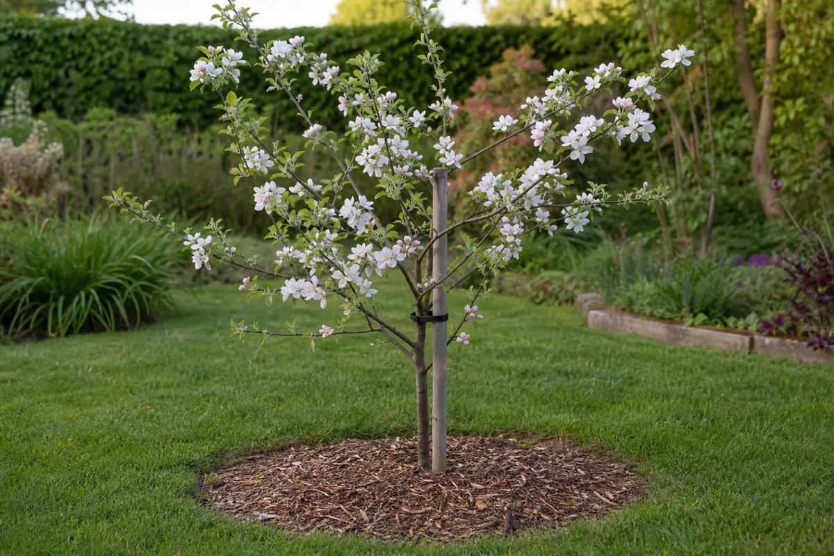Jeune pommier en fleurs, paillé au pied et tuteuré, dans un jardin familial français lumineux au printemps