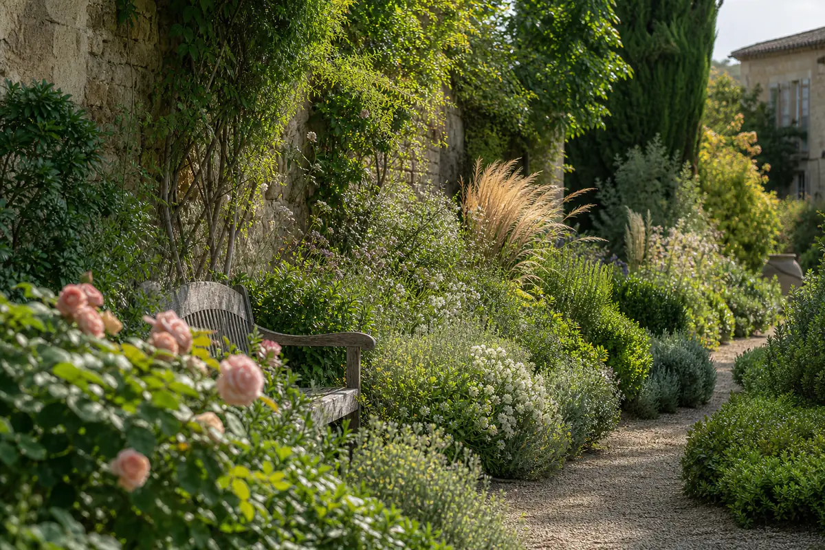 Chemin de gravier bordé de vivaces fleuries et d’arbustes dans un jardin de village paisible et lumineux