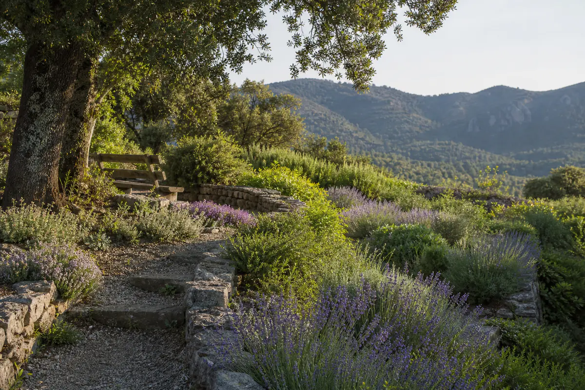 Jardin cévenol en terrasses avec murets de pierre sèche, aromatiques fleuries et chêne sous la lumière d’été