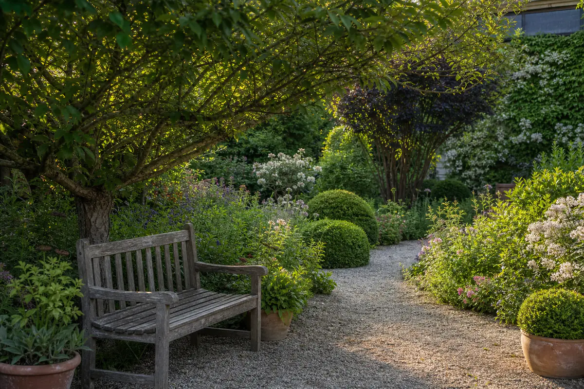 Jardin français intemporel avec allée de gravier, vivaces en massifs et banc en bois sous un arbre