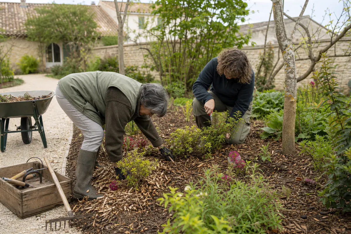 Deux jardiniers préparent un massif paillé dans un petit jardin de quartier avec des outils manuels