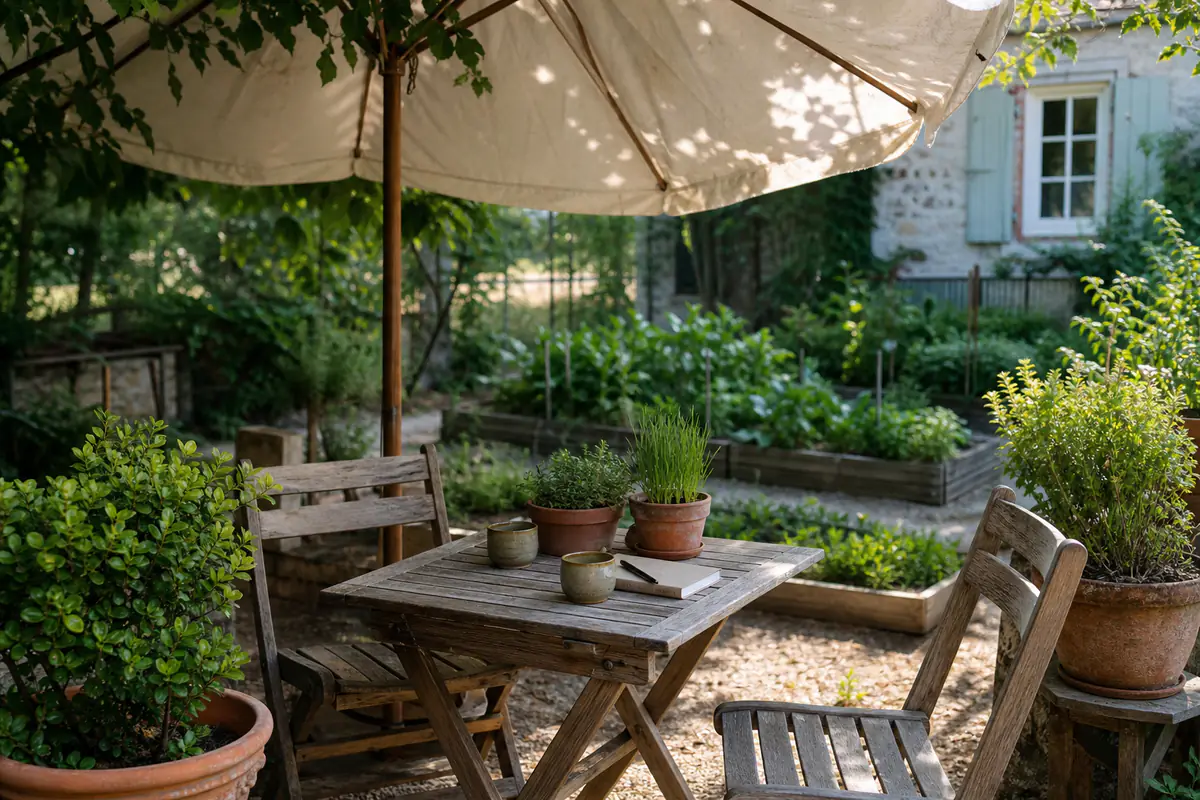 Coin garden café dans un jardin français avec table en bois, chaises, aromatiques en pots et potager voisin.