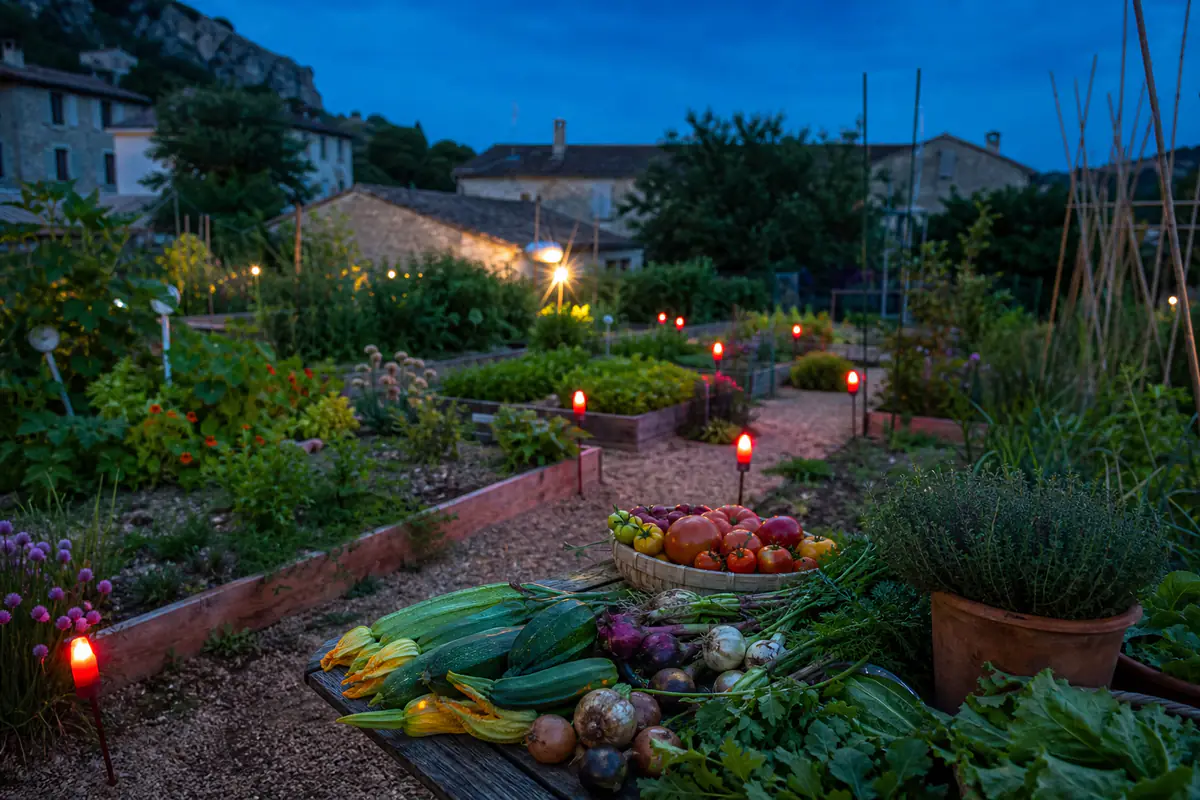 Habitants réunis au crépuscule dans un potager fleuri, avec table de récoltes et télescope en arrière-plan