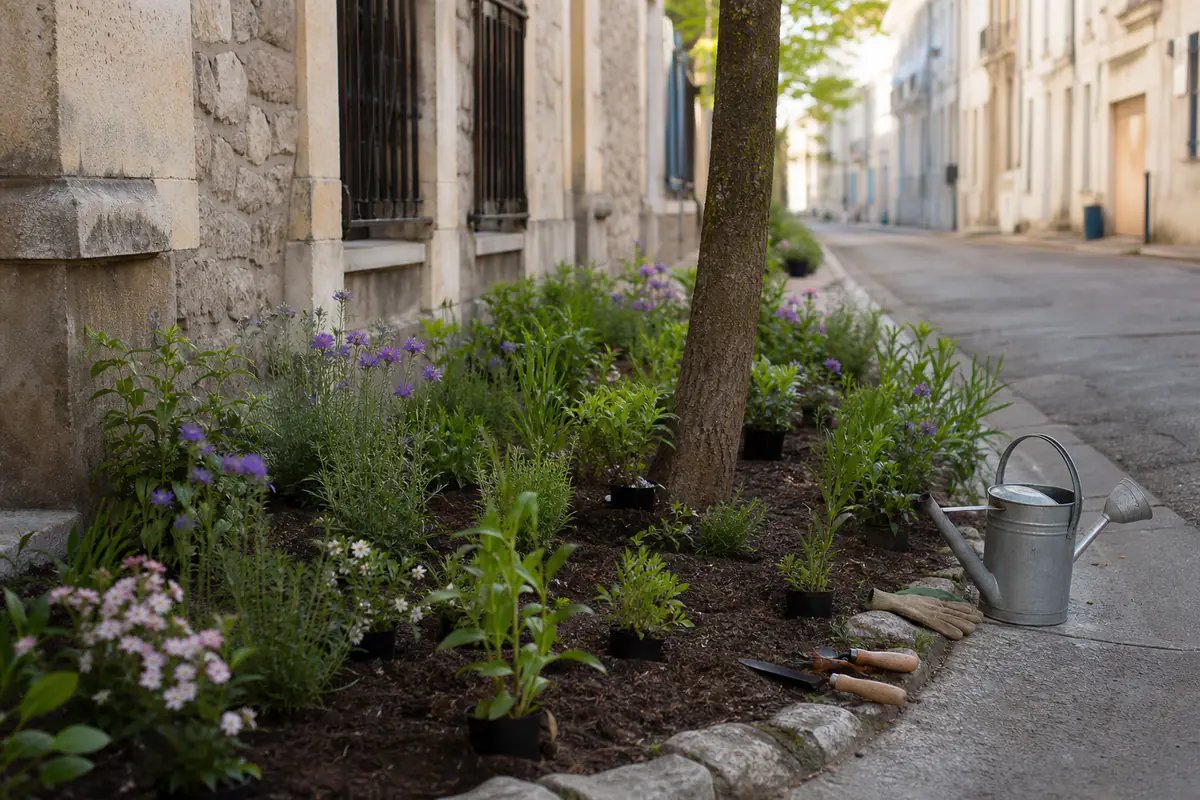 Habitants plantant des vivaces fleuries au pied d’un arbre sur un trottoir urbain français végétalisé