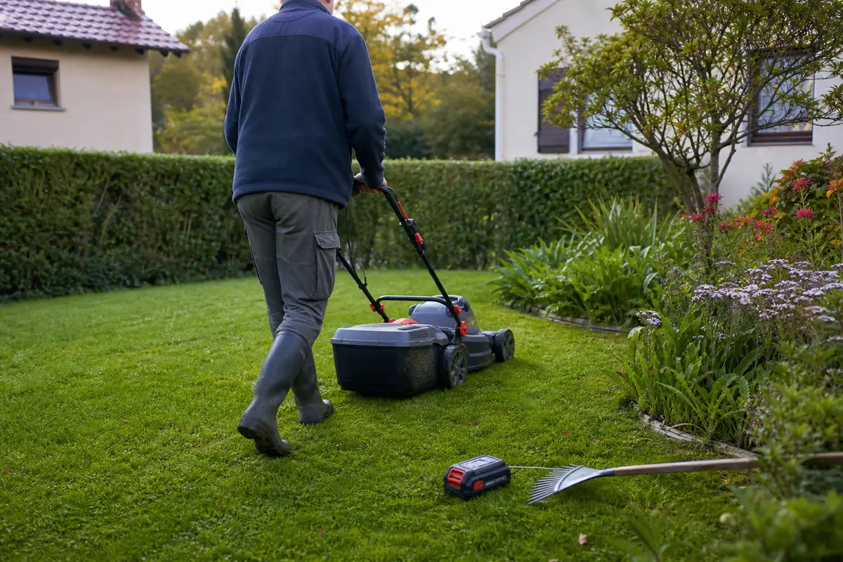 Jardinier utilisant une tondeuse électrique silencieuse dans un jardin français bordé de haies et de vivaces