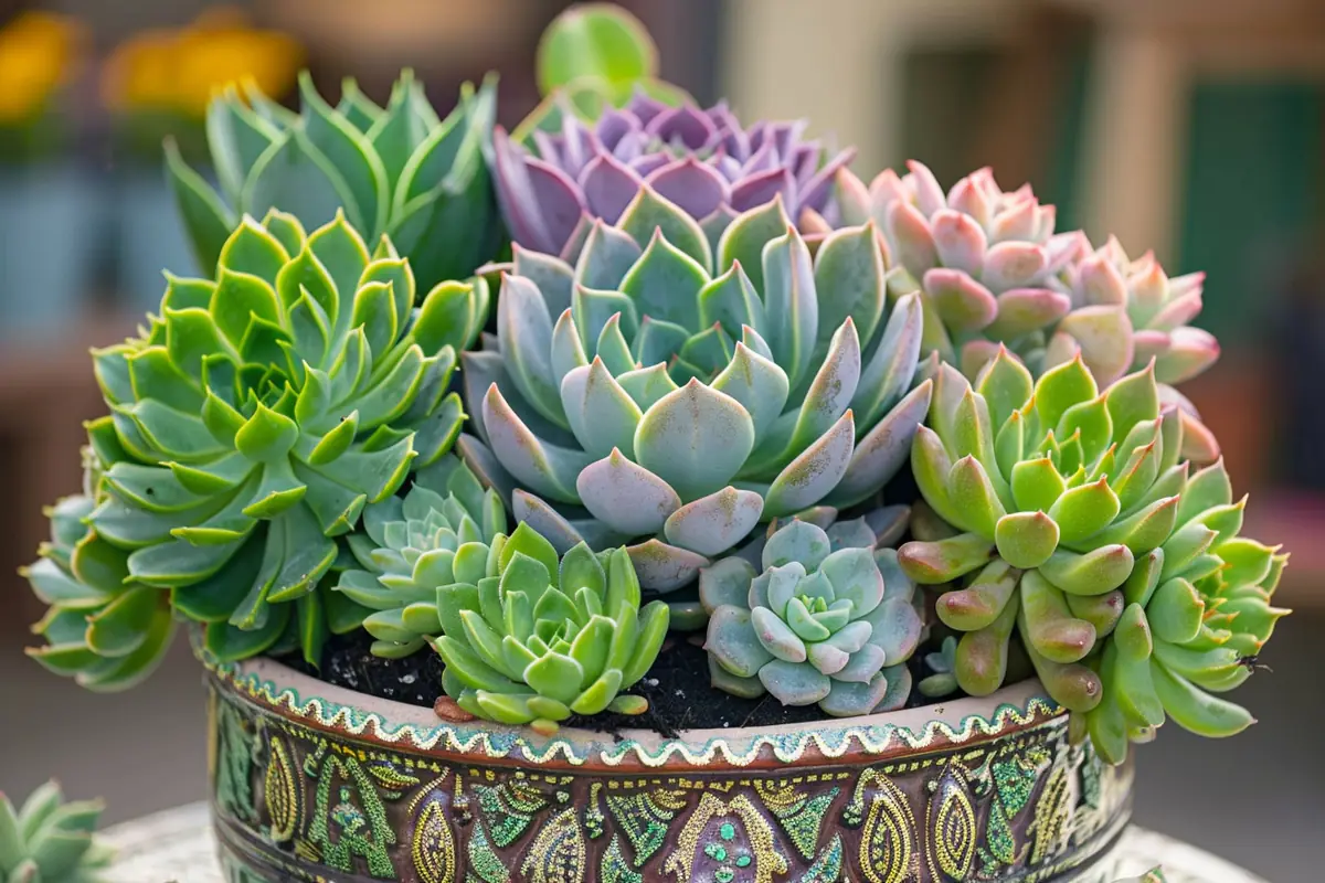 Composition de joubarbes, orpins et echeverias dans une coupe en terre cuite au soleil sur un balcon.