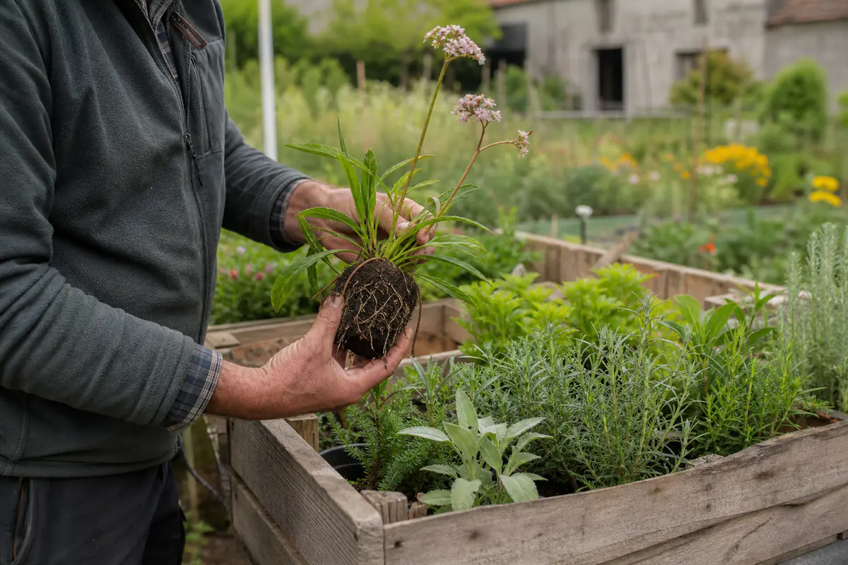 Jardinière examinant les racines d’un plant sur un marché de producteurs, avec potager familial en arrière-plan.