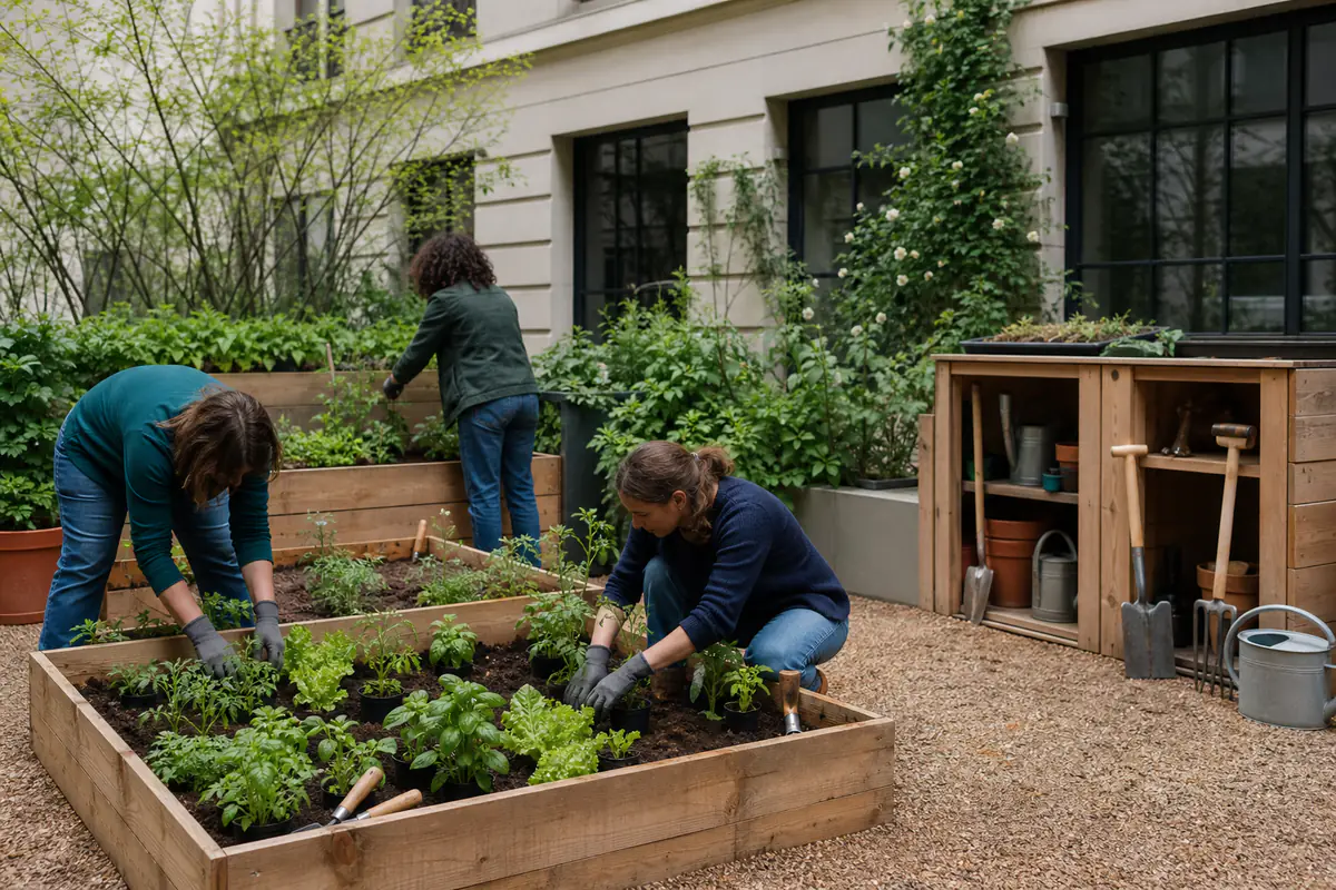 Employés volontaires plantant des aromatiques et des salades dans des bacs potagers partagés au soleil