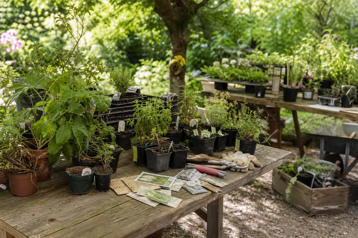 Tables ombragées de plants étiquetés et jardiniers échangeant graines, outils et conseils dans un jardin fleuri