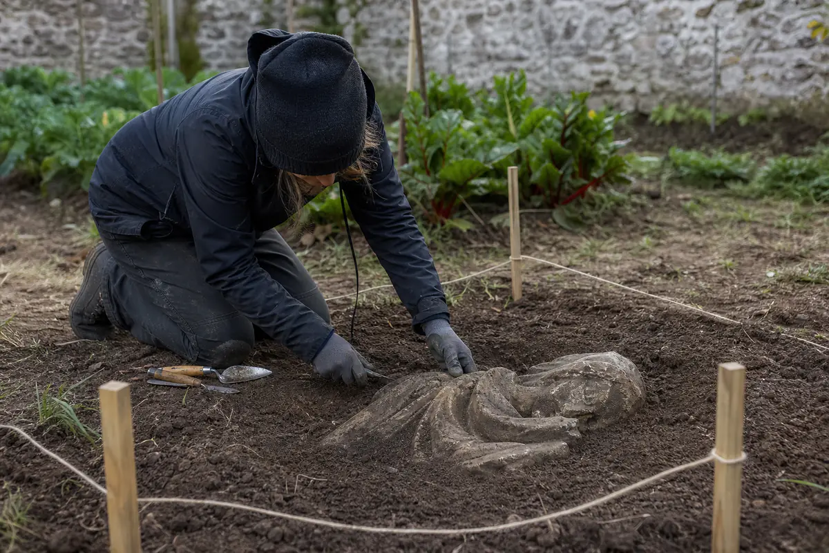 Jardinier découvrant une sculpture ancienne dans la terre d’un jardin français, sans la déplacer