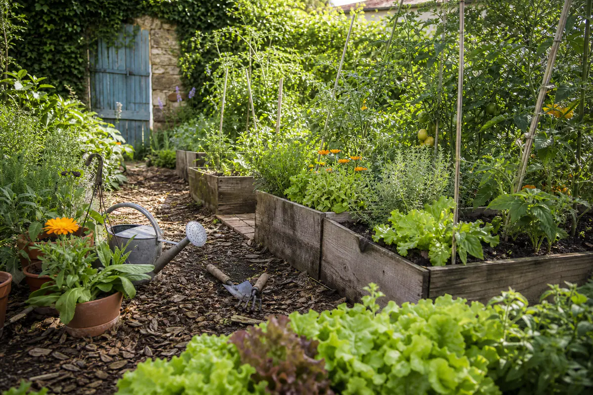 Potager français en culture biologique avec paillage de feuilles, compost et fleurs favorables aux pollinisateurs