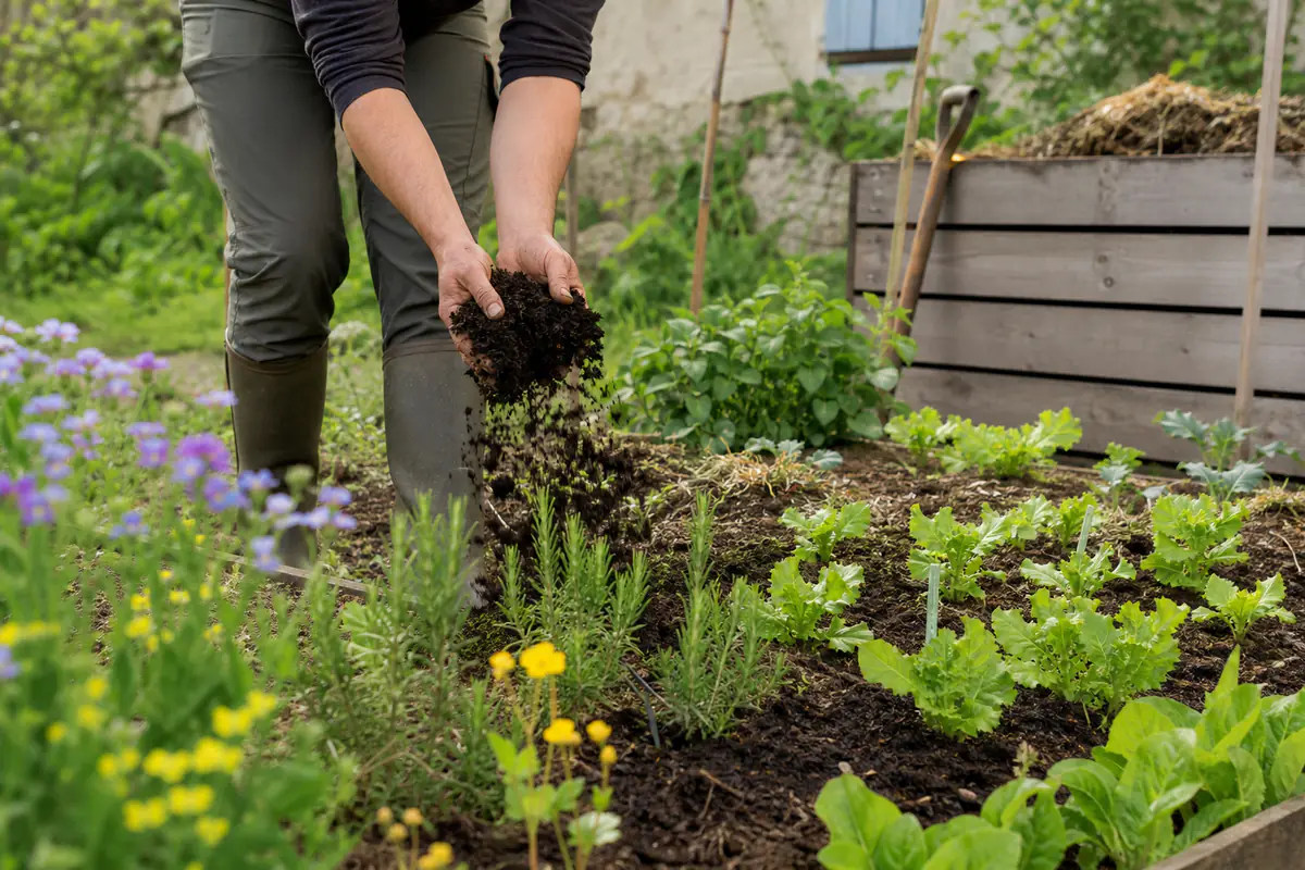 Jardinier préparant un potager paillé avec compost, aromatiques et jeunes légumes dans un jardin français.