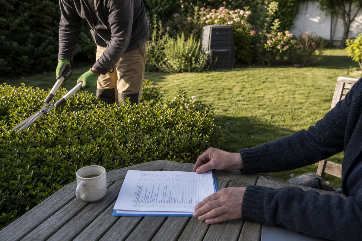 Jardinier entretenant une haie basse dans un jardin français avec facture détaillée posée sur une table extérieure