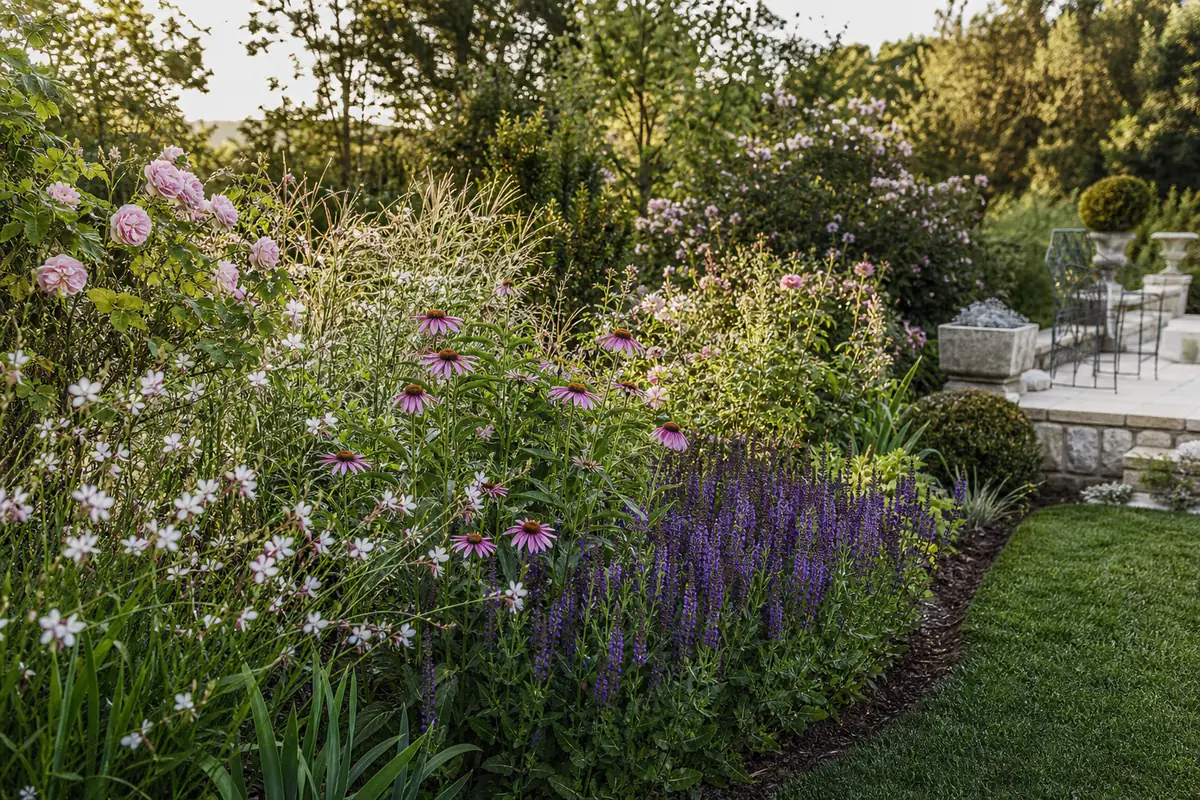 Massif fleuri foisonnant composé de vivaces, graminées et rosiers dans un jardin français ensoleillé