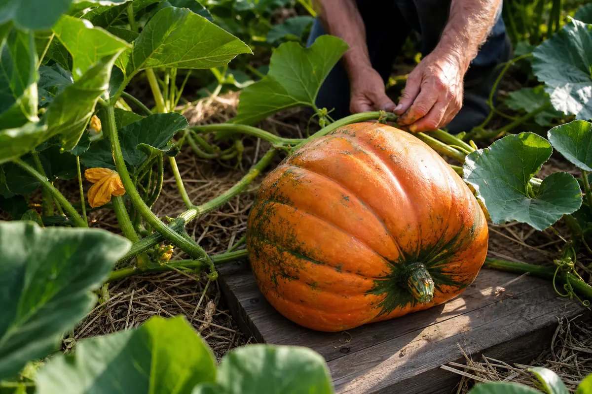 Courge géante en croissance sur paillage, entourée de larges feuilles dans un potager français en été
