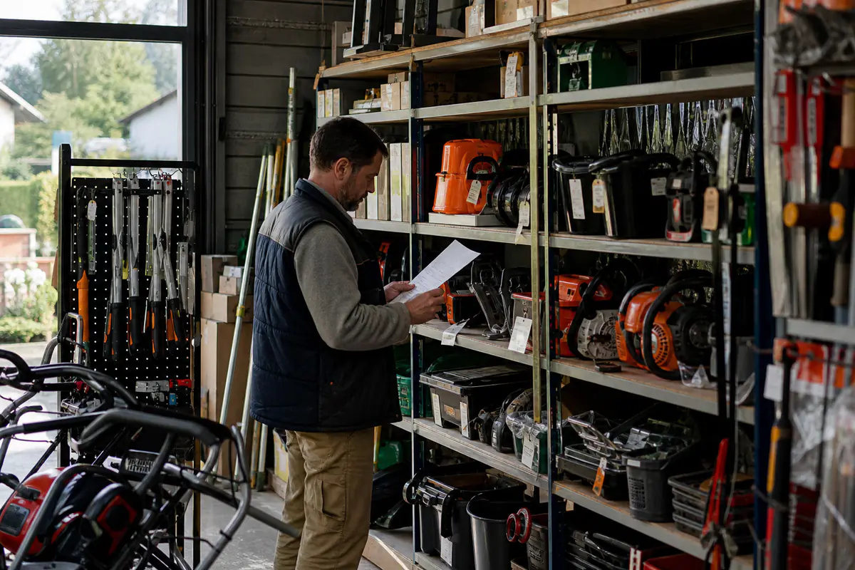 Responsable d’un magasin de jardinage vérifiant l’inventaire d’outils et de machines dans une réserve rangée