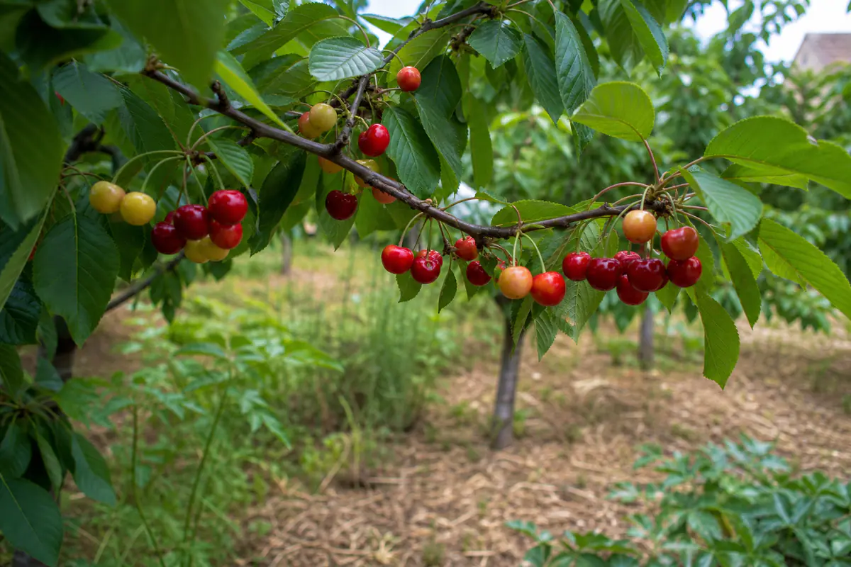 Gros plan de cerises rouges et encore jaunes sur un cerisier paillé, sous une lumière douce de fin de printemps