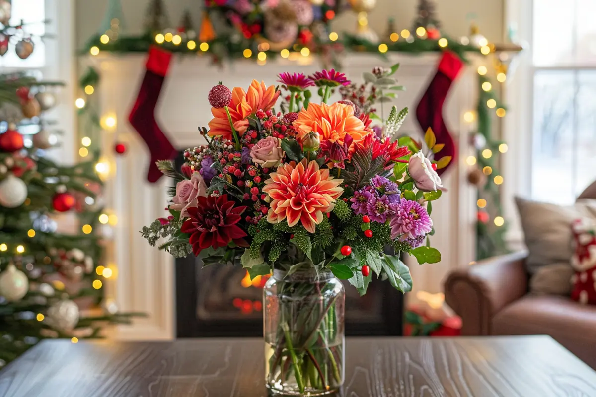 Cyclamen, azalée, orchidée et poinsettia fleuris disposés près d’une fenêtre lumineuse dans un intérieur français