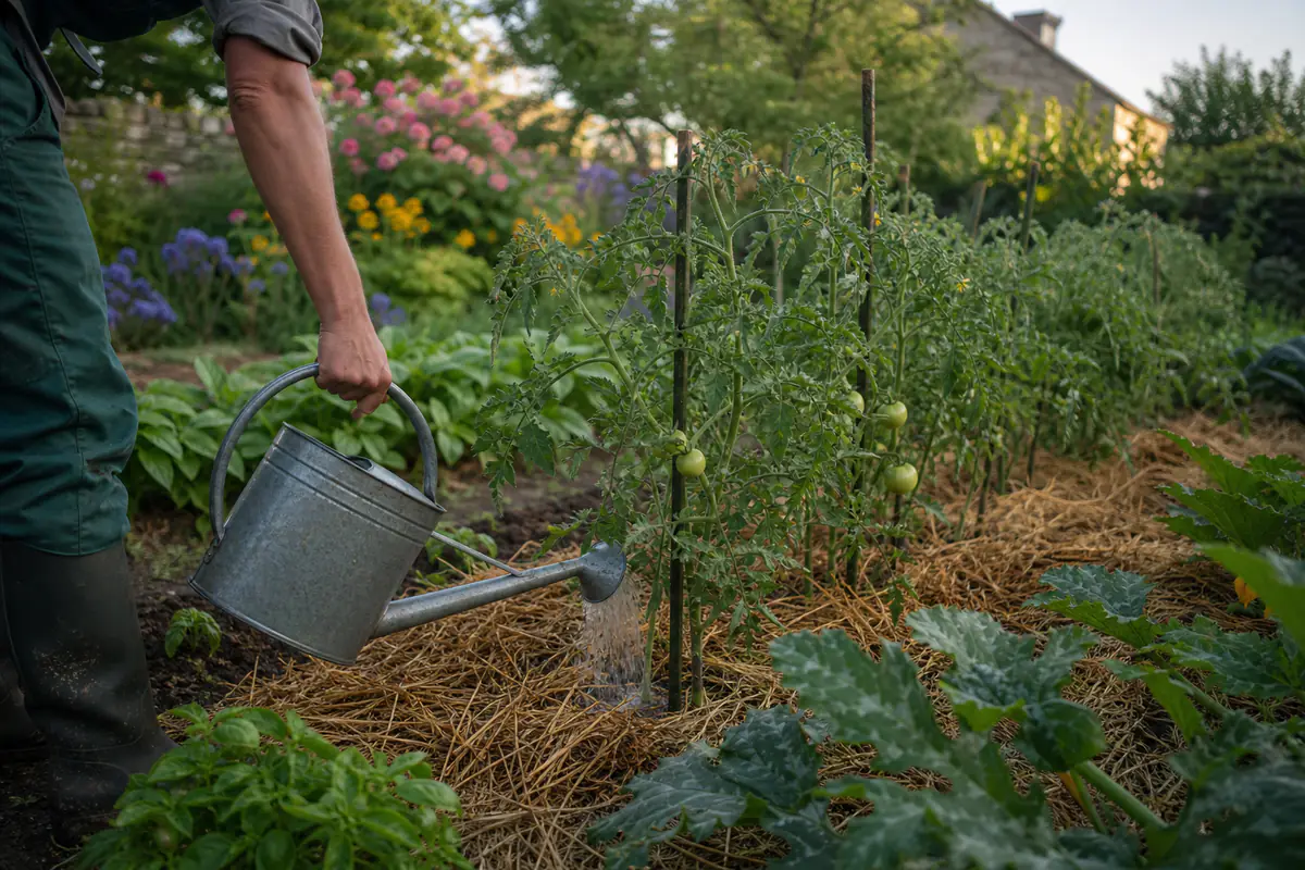 Jardinier arrosant au pied des tomates paillées dans un potager français lumineux au petit matin de juillet