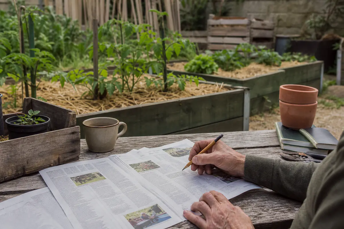 Lectrice annotant un grand journal de jardinage près d’un potager paillé et de jeunes plants en pleine terre